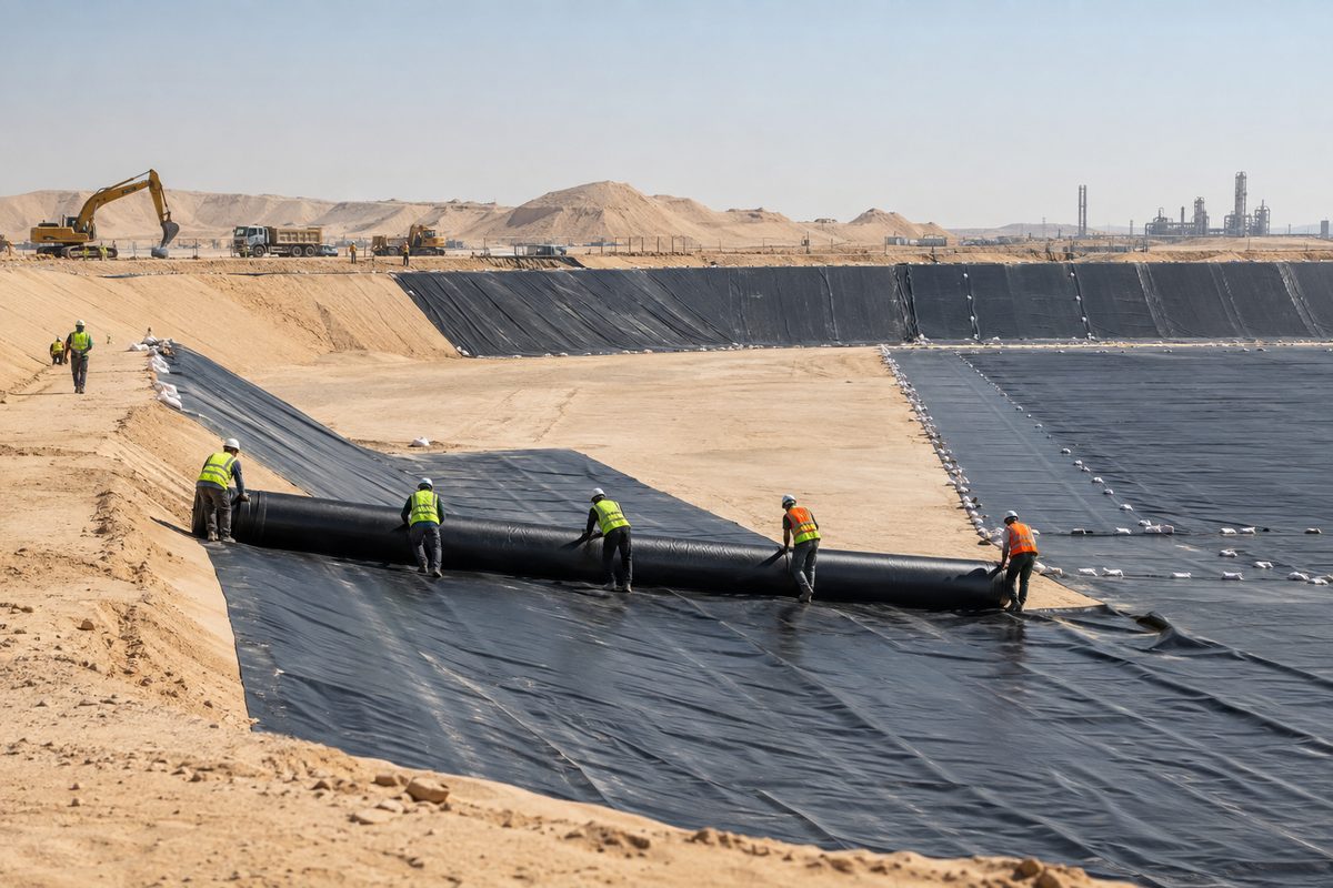 Crew installing HDPE geomembrane panels