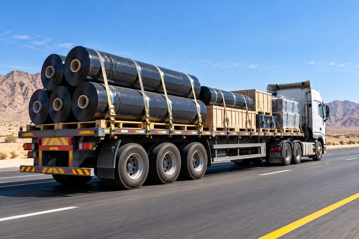 Wide-roll HDPE geomembrane shipment for Egypt via Ain Sokhna and Alexandria