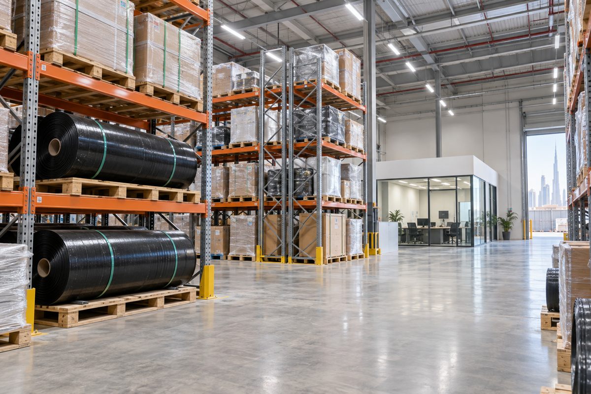 HDPE geomembrane liner rolls stocked in our Dubai warehouse — smooth and textured grades