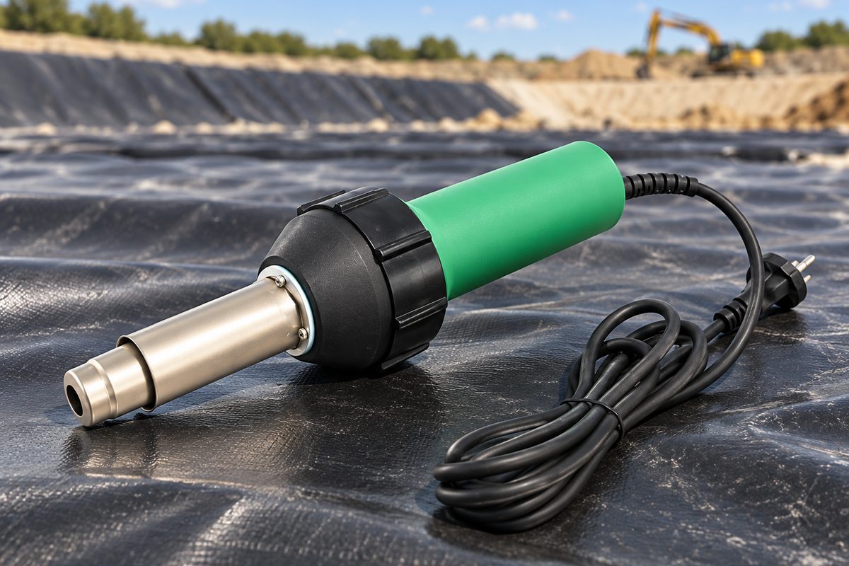 IZ-1600 hot air welding machine with stainless steel nozzle on HDPE membrane