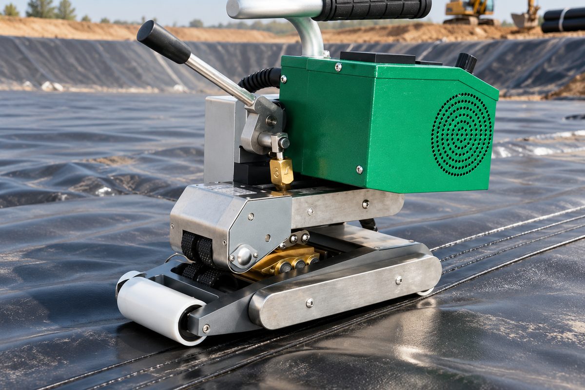 IZ-900 self-propelled hot wedge welding machine seaming HDPE geomembrane with dual-track weld